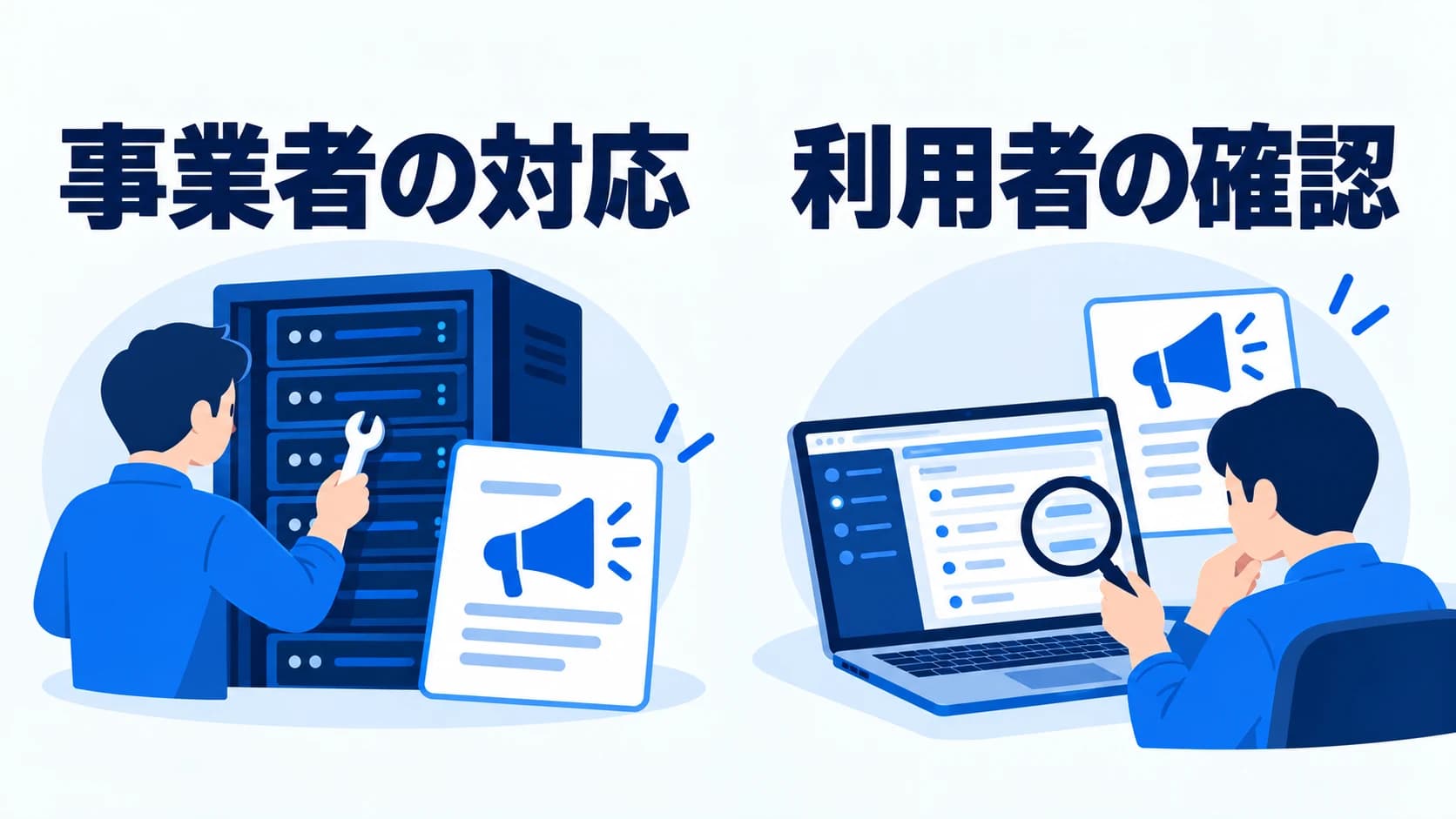 サーバーを修正して告知する事業者と、告知や管理画面から自分の利用環境を確認する利用者