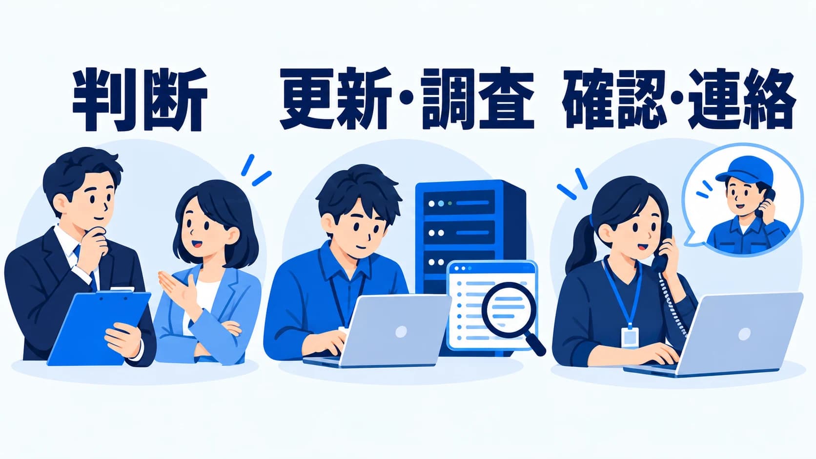 判断を担う責任者、更新と調査を担う技術担当、確認と連絡を担うサイト担当が並行して対応する様子