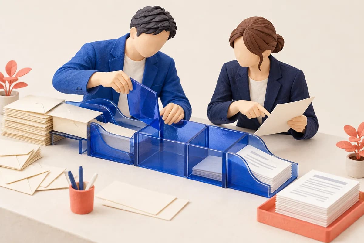 wrenと担当者が実際の書類を使い、書類が流れる青い仕組みを一緒に組み立てるイメージ
