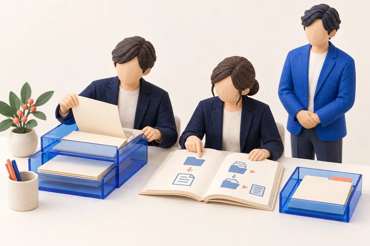 社内の2人が手順書を見ながら自分たちで業務を回し、wrenは一歩後ろで見守るイメージ