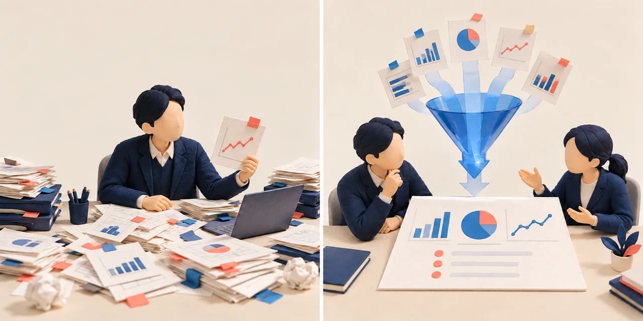 左はばらばらの報告書を集めて整理する管理職。右はAIがまとめた一枚の資料を同僚と確認し、次の行動を話し合う姿。